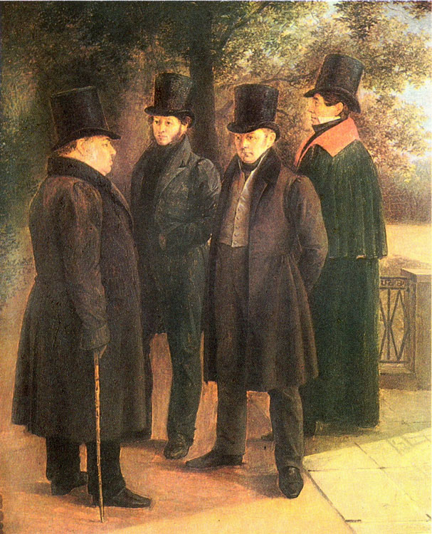 Г.Г. Чернецов. Крылов, Пушкин, Жуковский и Гнедич в Летнем саду, 1832